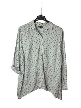 Premise Studio Womens Plus Size Popover Blouse Top 2X Striped Pineapple Print